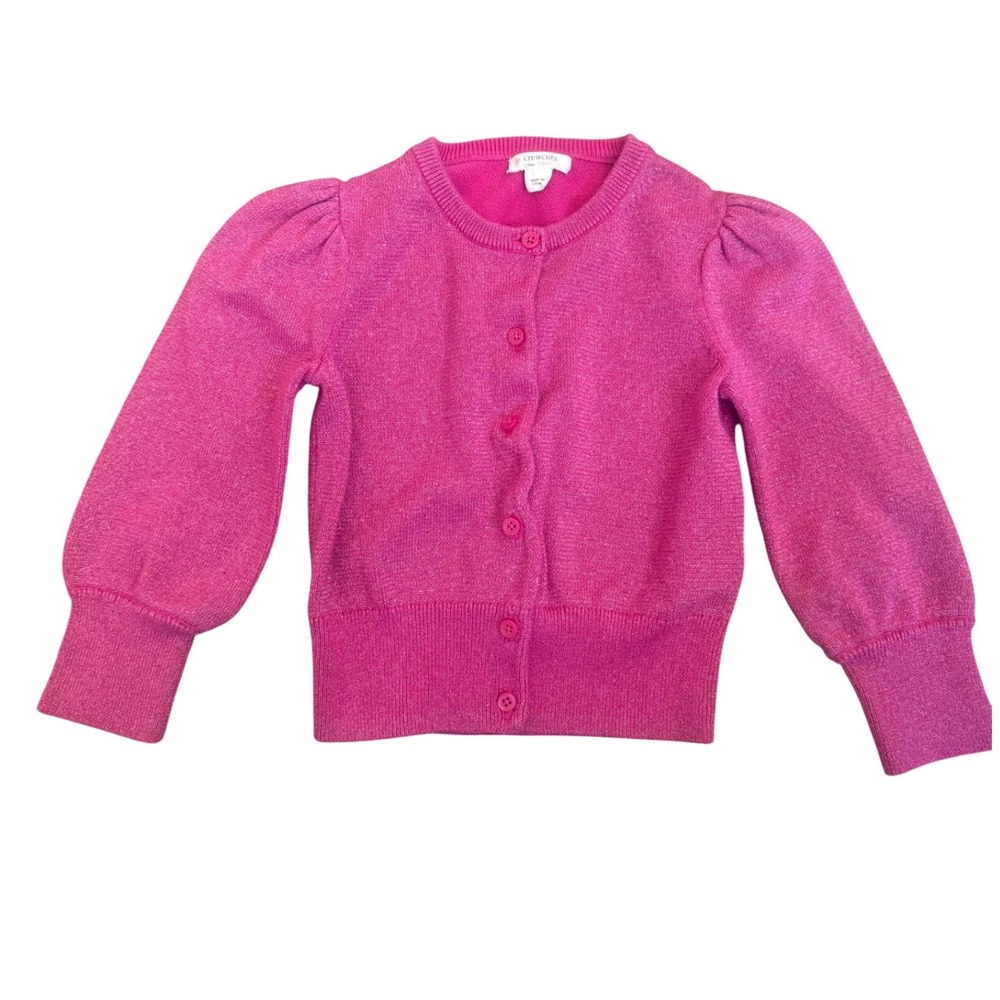 Crewcuts J.Crew Girls Pink Shimmer Puff Sleeve Cardigan Sweater Size 4-5 Dressy